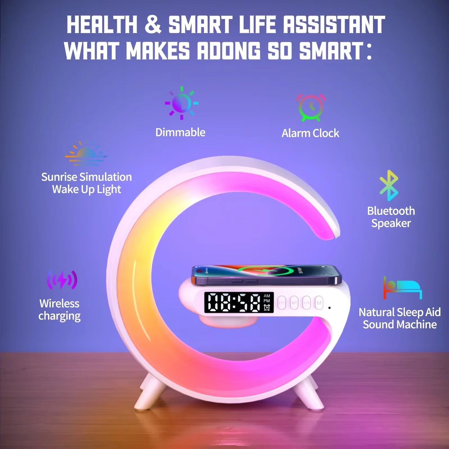 Multifunction Wireless Charger with RGB Light, Alarm Clock & Speaker