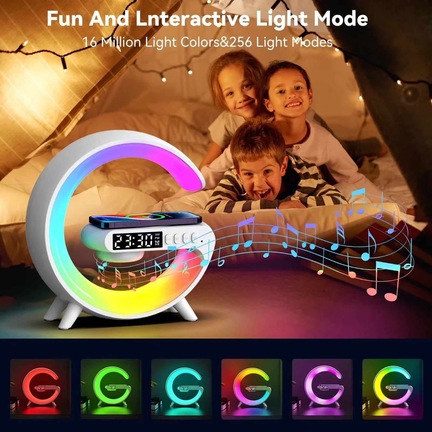 Multifunction Wireless Charger with RGB Light, Alarm Clock & Speaker